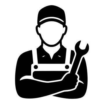 Mechanic in Cap and Overalls Holding Wrench, Black Silhouette