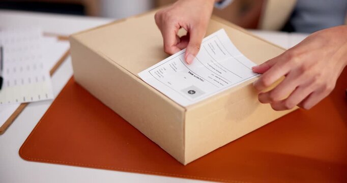 Person, hands or label with box for logistics, shipping instructions or delivery address in office. Supplier, employee or distributor packing parcel with sticker, package or cargo for courier service