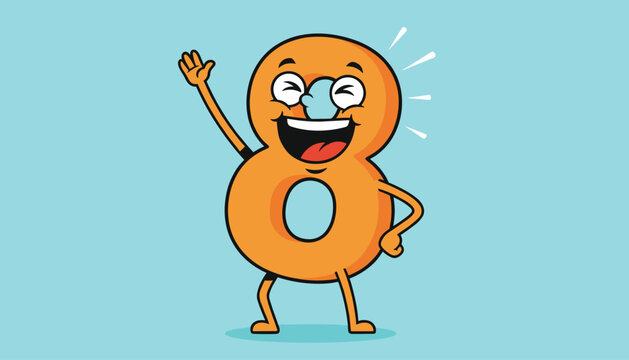 Joyful cartoon number eight character in bright orange waving its hand with a giant smile on a blue backdrop.