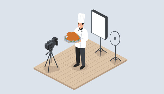 Professional chef presenting a roasted turkey in a studio setting for a video recording or food photography session.