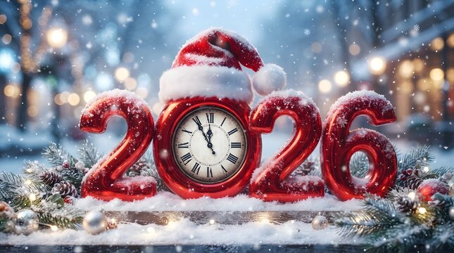 New year 2026 celebration with red balloon numbers and santa hat on snowy background