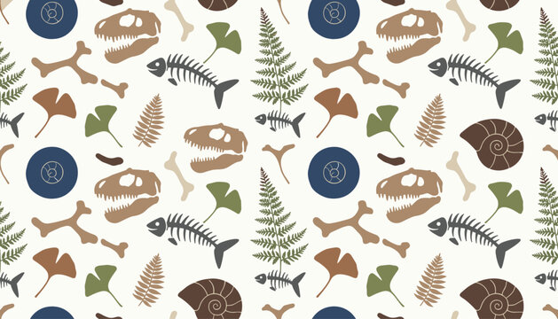 Seamless pattern of archeological fossils featuring dinosaur skulls, fish skeletons, fern leaves, shells, and bones.
