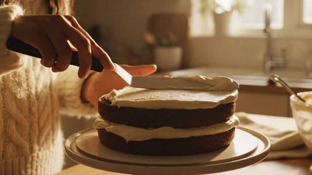 Frosting a chocolate cake in a warm rustic kitchen.