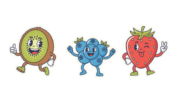 Cute retro cartoon stickers of funny kiwi, blueberry, and strawberry characters showing cheerful emotions.