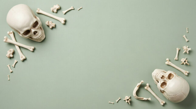 Skull and bones arranged on a pastel green background for halloween or spooky theme