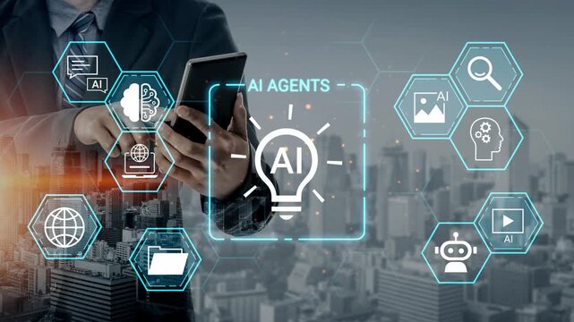 Businessman using smartphone with futuristic AI agent concepts and technology graphics in urban city skyline background for stock photo collection Gluon.