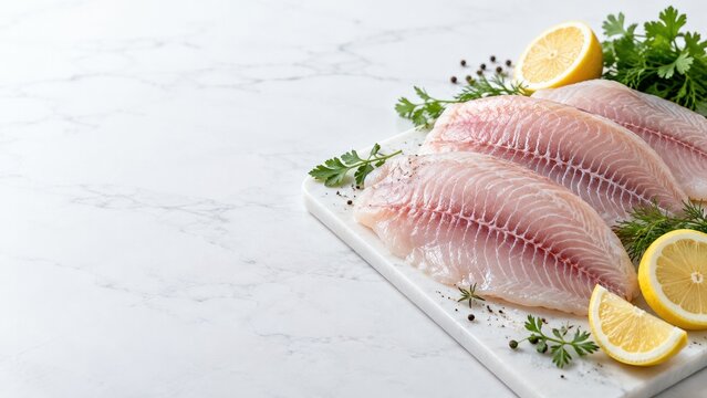 Raw white fish fillets with lemon and herbs on marble, healthy seafood concept for food advertising with copy space