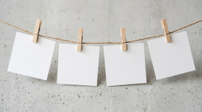 Blank white paper notes hanging on a rustic twine string with wooden clothespins against a textured concrete wall background for mockups