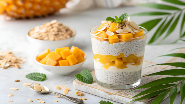 Layered mango chia pudding in glass cup with tropical garnish on wooden table