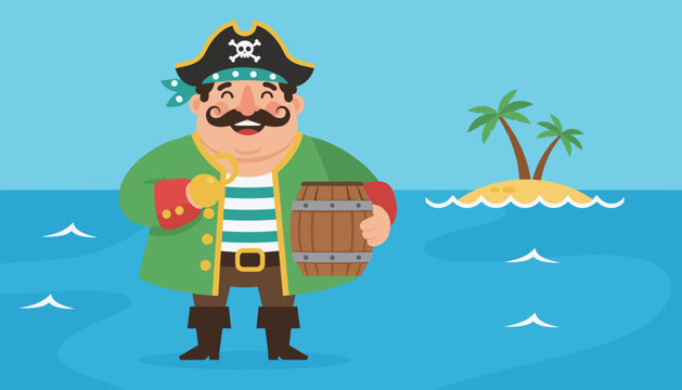 Cheerful cartoon pirate captain with a gold hook hand and a wooden barrel, standing in the ocean near a tropical island.