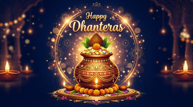 happy dhanteras festival card with gold coin pot design