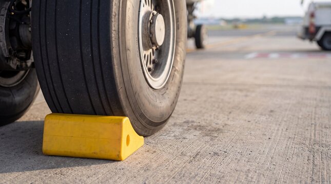 Yellow wheel chock placed against large aircraft tire on tarmac
