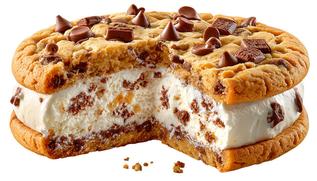 Giant chocolate chip cookie sandwich with creamy ice cream center is shown in cross section, revealing delicious and indulgent treat., isolated
