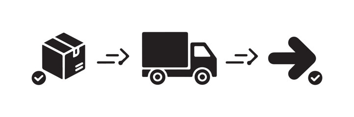 Fototapeta premium Delivery process black vector icons illustrating shipment tracking from order to arrival.