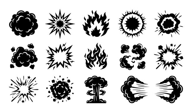 Comic Boom Blast Explosion Effect Black Silhouette Vector Icon Collection