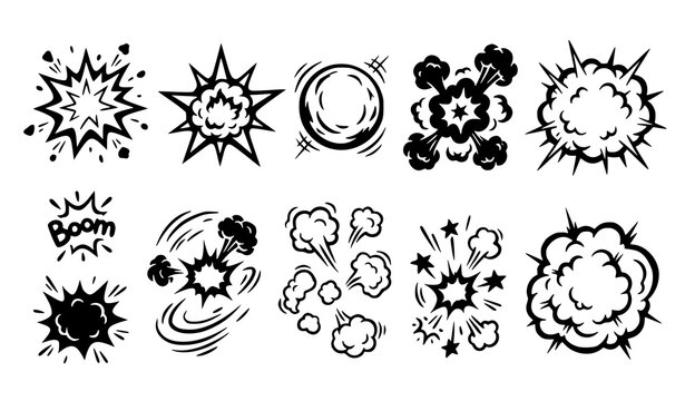 Cartoon Explosion Blast and Comic Impact Black Vector Illustration Set