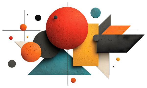 Abstract geometric composition with vibrant colors features spheres, triangles, and rectangles in dynamic layout. textured shapes create sense of depth and movement., isolated