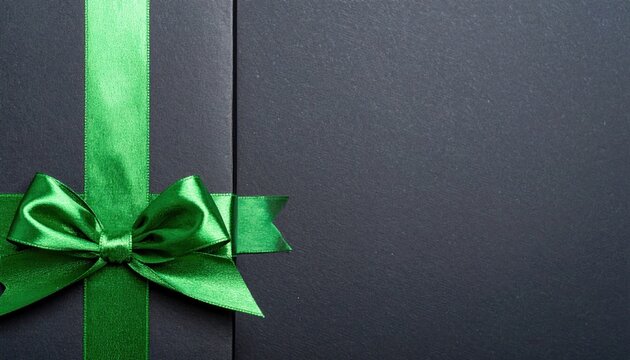 Vibrant green satin ribbon and bow on elegant dark gift box with copy space. Luxurious present packaging background.