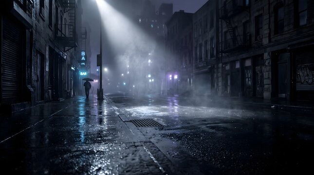 A moody view of a dark empty city street at night illuminated by a single glowing street lamp during a heavy rain