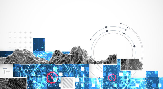 Abstract technology background with digital squares,  and wireframe landscape. Vector