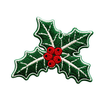 Christmas Holly Leaves and Berries Embroidered Patch Isolated on White