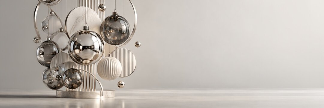 Metallic silver and white Christmas ornaments on bright background, modern holiday concept for premium advertising