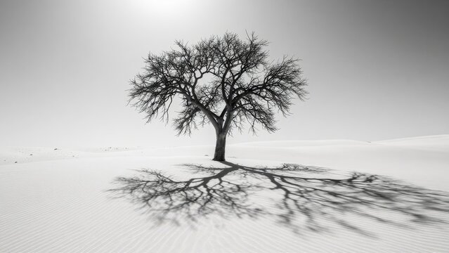 Solitary Tree Casting Shadows on Desert Sands in Black and White