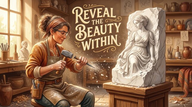 Female sculptor chiseling marble statue of woman in art studio, revealing beauty within