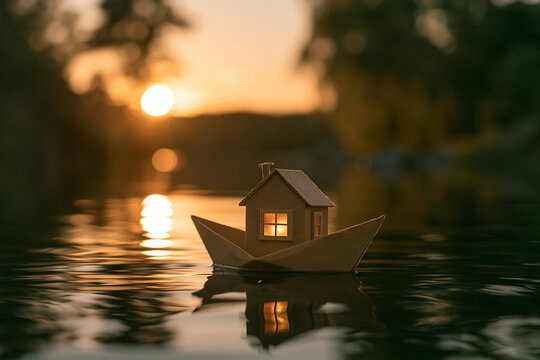 A small cardboard house model inside a paper boat floating calmly on calm water during a warm sunset.
