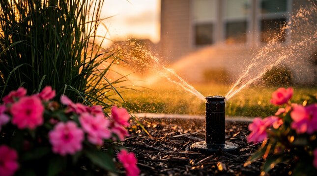 Automatic pop-up lawn sprinkler system showcasing spraying water droplets, vibrant pink flowers and lush green lawn, representing efficient garden irrigation and residential landscape care