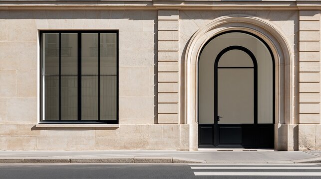 Classic European stone building facade with arched black door and rectangular black frame window on street showing elegant classic urban architecture