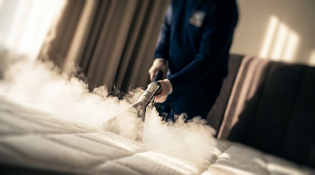 Professional cleaner with steam machine showcasing steam disinfection, mattress cleaning and hot vapor extraction, representing hygiene standards and home sanitization