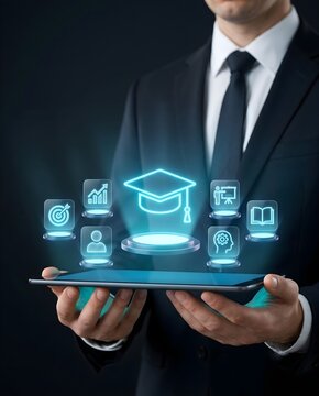 Businessman Holding Tablet Projecting Glowing Graduation Cap and Online Education Icons