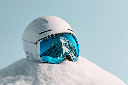 A white ski helmet with reflective blue goggles resting on fresh snow against a blue sky.