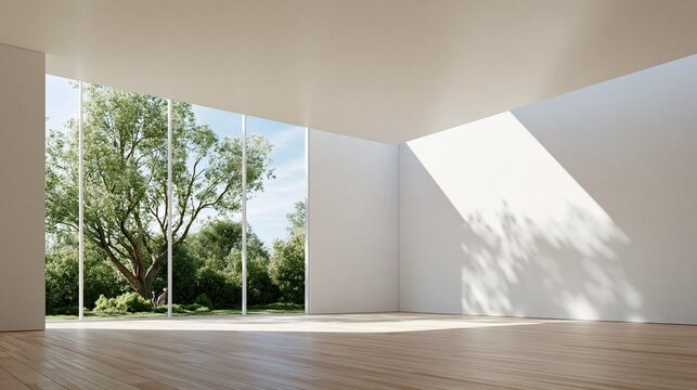 Bright empty modern minimalist room with large floor to ceiling glass window overlooking lush green natural landscape with big mature tree