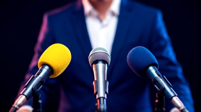 Businessman at press conference podium featuring colorful microphones, formal suit attire and dark background setup, representing media communication and public broadcasting