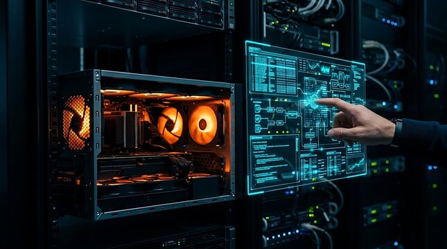 IT administrator managing high performance computer servers with interactive holographic data interface and glowing cooling fans in dark data center