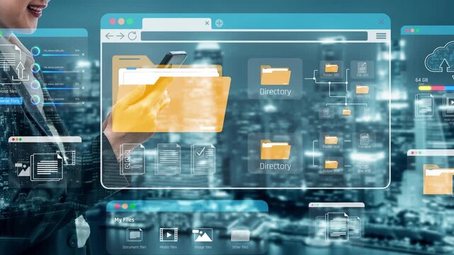 Modern digital workspace concept illustrating a person organizing files within a futuristic interface featuring cloud technology and data management tools. Sigmoid