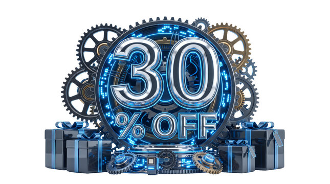 Steampunk 30 percent off sale banner, futuristic blue neon discount sign with mechanical gears, industrial 30% off promotion with gift boxes isolated PNG with Transparent Background