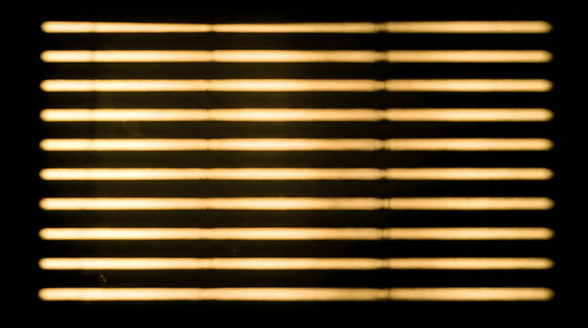 Warm glowing horizontal light bars on a dark background, abstract neon tube illumination with a vintage amber radiance. Minimalist geometric light pattern featuring parallel golden stripes and