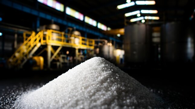 White sugar pile inside a processing factory showcasing metal tanks, industrial machinery and steel structures, representing raw material processing and bulk manufacturing