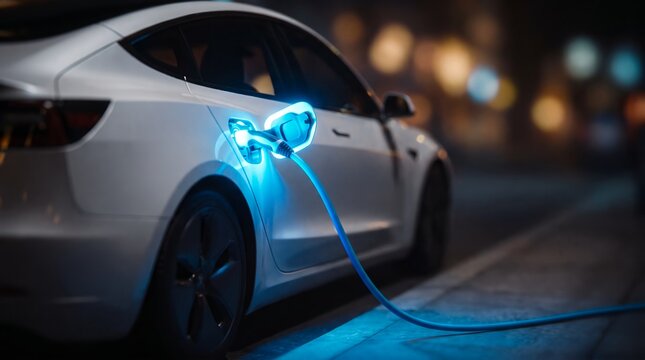 Modern white electric car at night showcasing glowing blue charging cable, illuminated power port and sleek vehicle body, representing sustainable transportation and clean energy technology