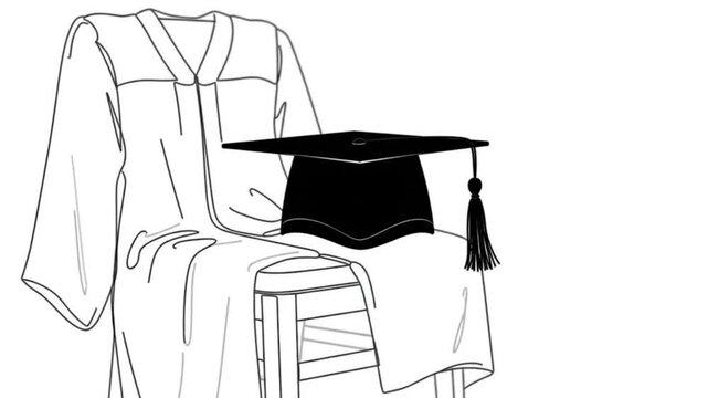 Graduation cap and academic gown line art illustration.