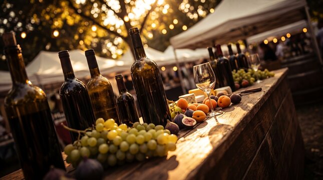 Outdoor wine tasting setup on wooden table showcasing glass wine bottles, fresh grapes and ripe fruits, representing gourmet tasting festival and luxury outdoor lifestyle
