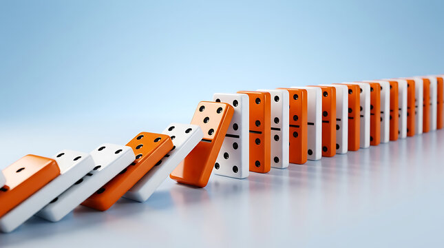 A row of orange and white dominoes falling in a chain reaction on a light blue background representing business strategy and the domino effect concept