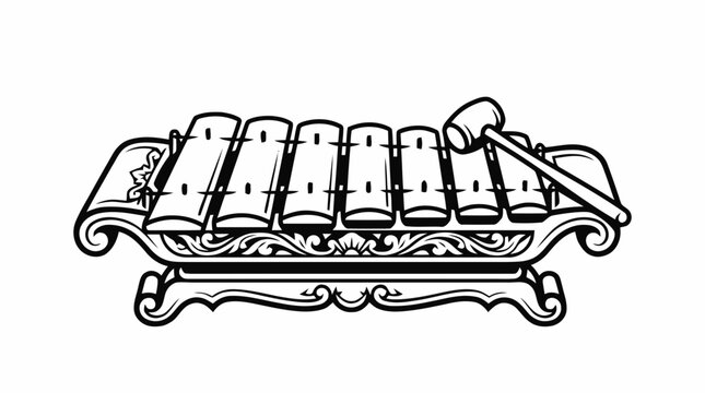 Traditional xylophone illustration showcases an ornate wooden frame with bronze keys and a mallet.