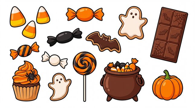 Halloween candy and sweet treats vector icon set containing icons for candy corn wrapped candy chocolate bar ghost cookie bat cookie cupcake lollipop cauldron and pumpkin for seasonal holiday