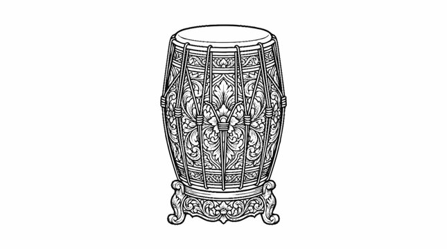 Traditional hand drum stands upright showcasing intricate wood carvings and decorative straps.