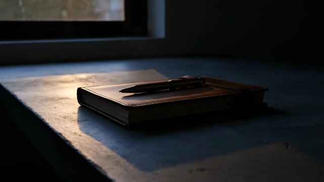 Leather notebook and pen on a sunlit window sill.