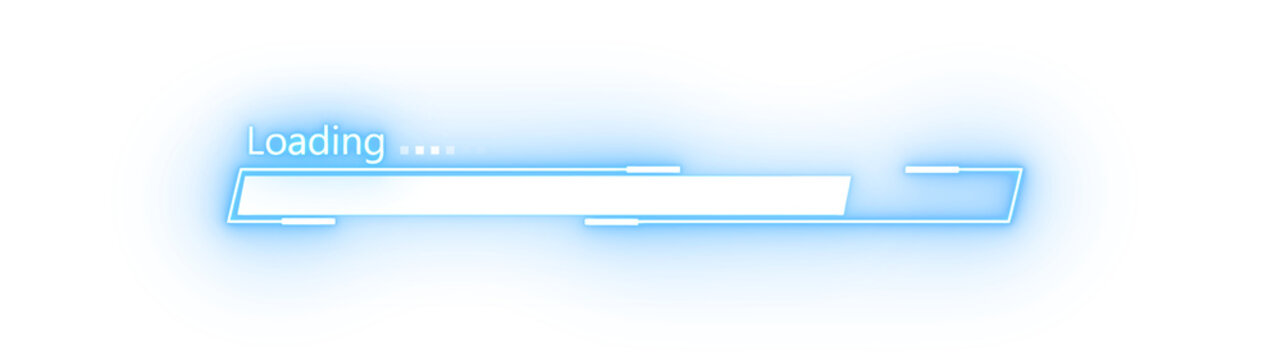 Glowing blue loading bar with white progress indicator and loading text on a transparent background, showing a digital wait screen